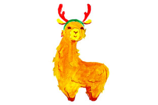 Llama with Red Reindeer Antlers in Gouache Style for Christmas