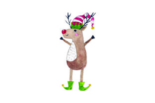 Reindeer Wearing Elf Shoes and Elf Hat - Watercolor for Christmas Branding
